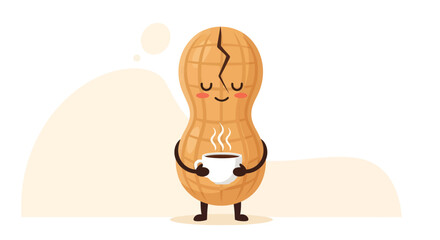 Joyful Peanut Character Sipping Coffee, Expressing Relaxation and Contentment through Illustration