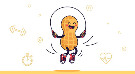 Joyful Peanut Character Skips Rope, Promoting Fitness, Health, And Wellness, Sporty Concept