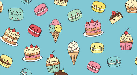 Flat vector seamless pattern of cute desserts including cupcakes, macarons, and cakes. Solid pastel palette, no gradients, kawaii bakery style, perfect for packaging and textiles