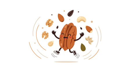 Joyful Pecan Character Jumping with Delicious Nuts and Seeds Celebration