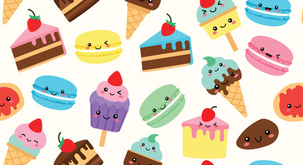 Flat vector seamless pattern of cute desserts including cupcakes, macarons, and cakes. Solid pastel palette, no gradients, kawaii bakery style, perfect for packaging and textiles