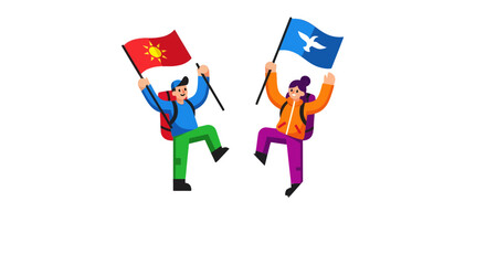 Joyful Hikers Celebrating With Flags Against a Black Background Showing Triumph