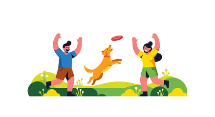 Joyful Moment: Friends Playfully Engaging with Pet Dog and Frisbee in Lush Environment