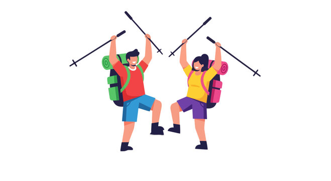 Joyful Hikers Celebrating At Their Destination With Arms Raised And Trekking Poles Up