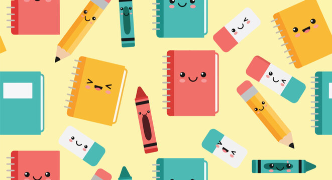 Flat vector seamless pattern of smiling pencils, notebooks, crayons, and erasers. Solid pastel colors, kawaii theme, no gradients, perfect for stationery and children’s branding