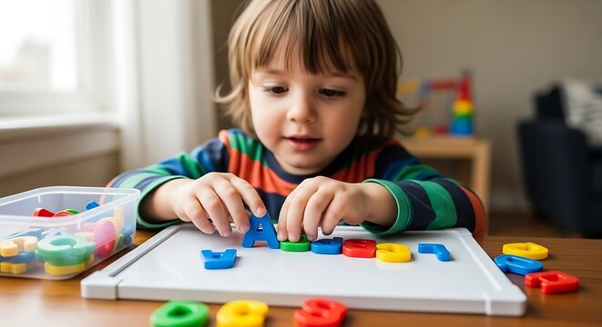 Young child learning letters and numbers with colorful educational toys.
