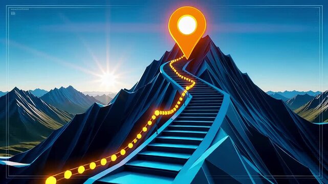 Mountain peak success journey: achieve goals, climb to the top, reach destination, motivation, inspiration