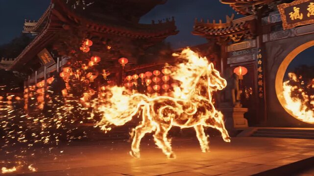 Mystical flaming horse running through a traditional Chinese courtyard at night, illuminated by red lanterns and classic architecture. Festive cultural video footage.