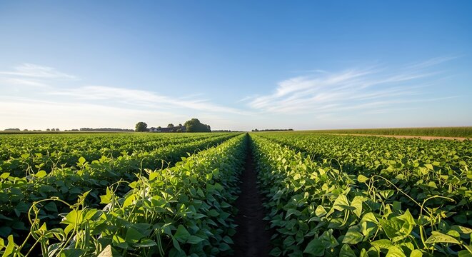 Vast Green Soybean Field Under a Clear Blue Sky with Wispy Clouds.