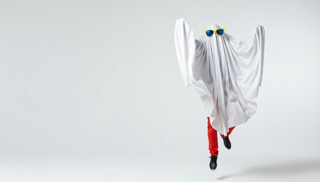 Happy person in ghost costume wearing trendy yellow sunglasses jumping high in air indoors against clean white background celebrating Halloween holiday - Powered by Adobe