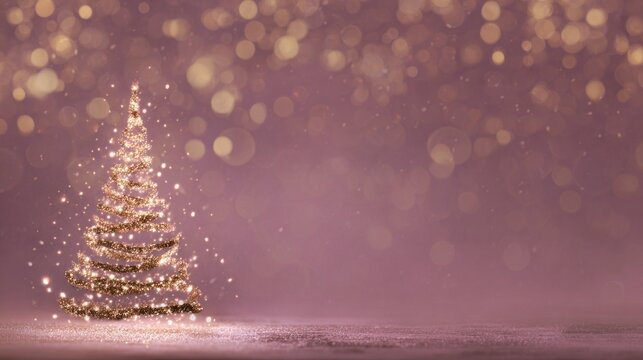Abstract Christmas background with shimmering spiral-shaped tree outline made of golden glitter and stars on soft dusty rose backdrop, featuring large bokeh lights. Christmas card with copy space