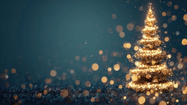 Christmas background featuring golden illuminated tree of light and bokeh on dark blue background with glitter texture. Great for holiday advertising and web banners with copy space - Powered by Adobe
