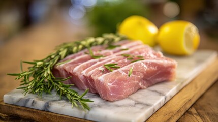 Fototapeta premium Fresh pork chops with rosemary and lemon on a marble cutting board in a cozy kitchen setting