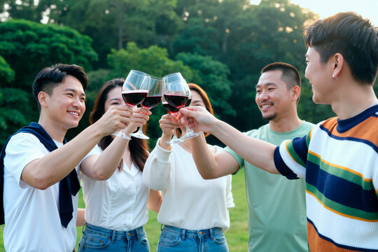 Group of young adult Asian men and women standing outdoors clinking wine glasses together, smiling and celebrating in park setting with green trees in background