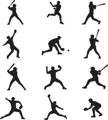 set of silhouettes of people baseball playing pose