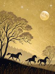 Elegant vector background with galloping horse silhouettes, gold foil texture, and copy space.