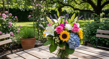 Vibrant Summer Bouquet on a Rustic Wooden Table in a Lush Garden Setting.