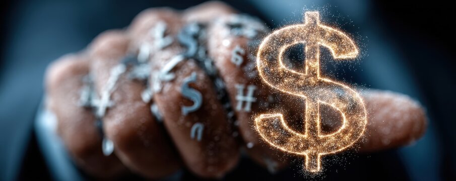 Businessman's hand holds a glowing money symbol, signaling finance power, wealth, and economic growth - Powered by Adobe