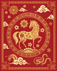Fototapeta premium Red and gold background with elegant horse illustration and traditional Chinese motifs.