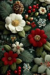 Christmas floral pattern with pine branches, red and white flowers, and snowflakes for festive decor