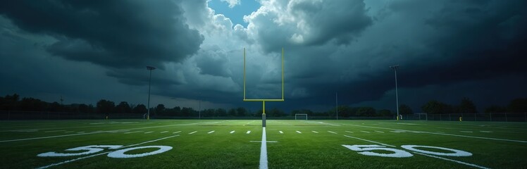 Obraz premium Stormy dark clouds loom over empty American football field. Goalpost stands ready under intense weather. Stadium lights hint at impending game or challenge. Sky looks ominous but has a bright patch.