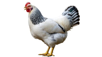 Fototapeta premium White domestic hen with red comb standing and clucking isolated
