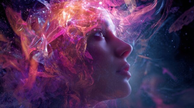 A woman gazes upward her profile surrounded by vibrant cosmic colors swirling like a dream.