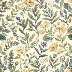 Hand drawn herbal sketch seamless pattern for surface design Generative Ai