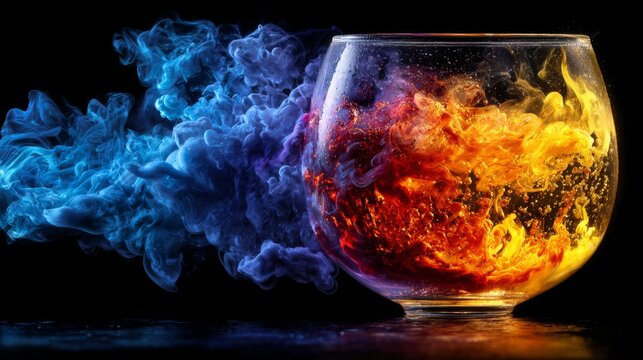 A surreal wine glass floating with colorful smoke on a black background