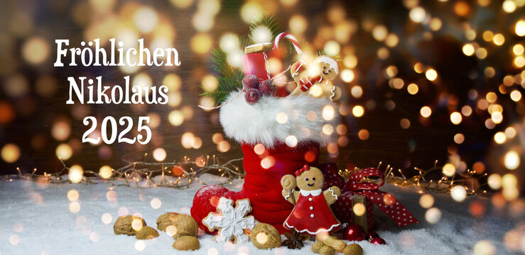 Santa Claus boot with gift box, candy cane and gingerbread man - Stuffed Santas shoe - Santas greeting card 2025 - Powered by Adobe