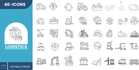 40 Modern Logistics Icons Collection for Transport, Shipping, Delivery, Cargo, Warehouse, Supply Chain, Inventory, Fleet, and Freight Operations – Editable Vectors.	
