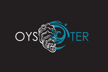 label of oyster shell with water splash isolated on black background