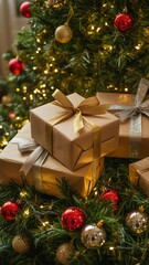 Beautiful Christmas Presents with Golden and Silver Ribbons under Decorated Tree