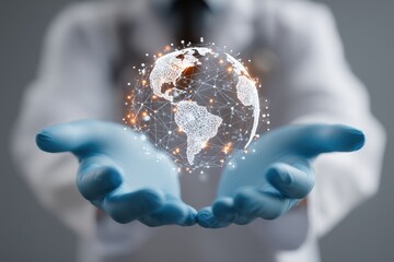 Doctor in blue gloves presents a glowing digital globe with network connections
