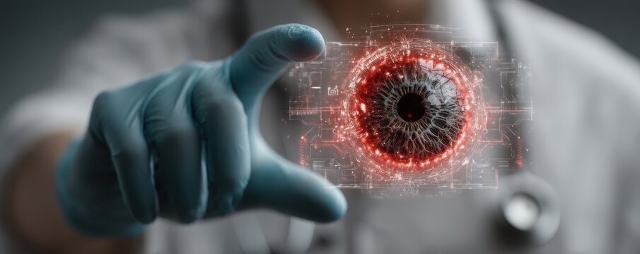 Doctor in a white coat with blue gloves demonstrates futuristic eye scan technology for medical research