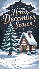 Cozy Winter Holiday Cottage Scene with Snowflakes and Pine Tree