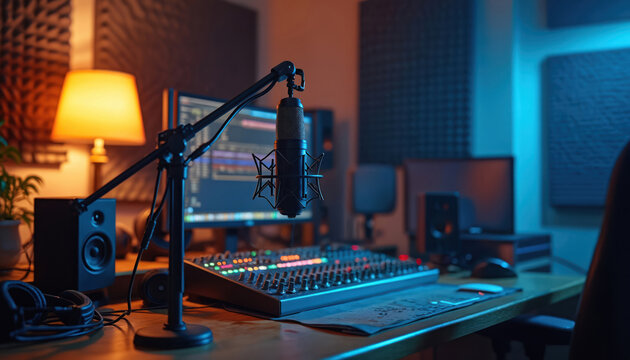 Professional podcast studio with pro microphone on stand, audio mixer console, computer monitor displaying sound editing software. Soundproof walls, speakers, headphones ready for broadcast