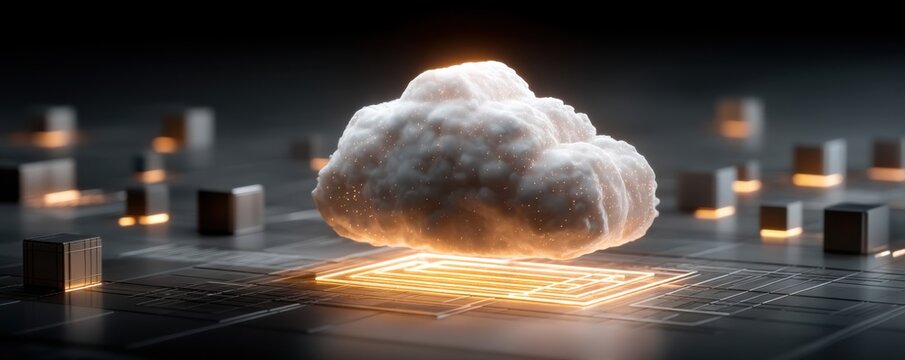 Glowing cloud icon over miniature data blocks representing cloud computing, storage, and digital technology