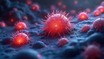 Microscopic view of red glowing spherical viruses with spike proteins. Pathogens spread across dark textured cellular surface creating infection. Micro organisms cause illness disease.