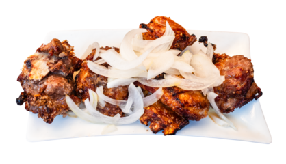 Georgian lamb shashlik Mtsvadi on plate cutout