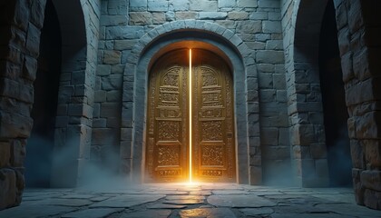 Ancient temple golden door shines brightly. Interior stone walls with arches surround portal. Mystic light glows from opening. Architectural details exhibit historical structure religious theme.