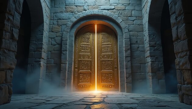 Ancient temple golden door shines brightly. Interior stone walls with arches surround portal. Mystic light glows from opening. Architectural details exhibit historical structure religious theme.