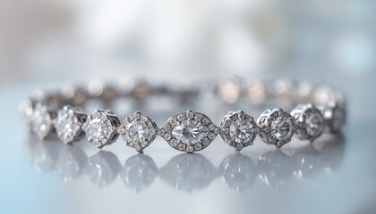 Close up of luxury silver bracelet encrusted with brilliant diamonds on reflective surface. Sparkling gems set in elegant metalwork, perfect for fashion, wedding themes. Timeless accessory signifies