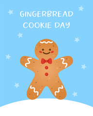 Gingerbread Cookie Day vertical banner. Gingerbread man on blue winter background with stars. Winter holidays theme for social networks or poster. Vector illustration.