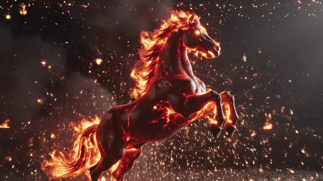 Majestic fiery horse, a powerful mythical creature galloping with an inferno of flames and sparks, embodying strength and magic. Dynamic fantasy video footage.