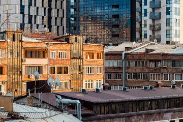 various apartment houses in Yerevan city at sunset