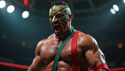 Masked Mexican wrestler stands in ring. Muscular fighter roars, ready for combat. Intense stare, traditional attire. Show of strength and preparation.