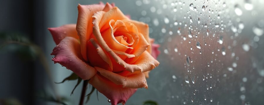 Peach rose is near window with rain drops. Flower with water droplets stands for sadness and love. Wet rose stands alone in close up shot. Beauty in wilted flower close to blurred glass. - Powered by Adobe