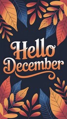Seasonal greeting card with colorful autumn leaves and hello december text