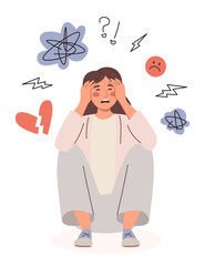 Depressed Woman with Anxiety Confused Thoughts.